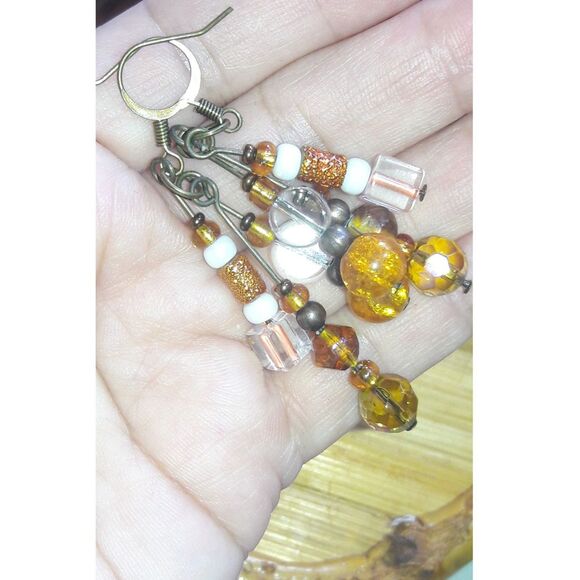 artisan earrings 365#mfs Fringe dangles golden yellows & orangey crackle glass m - Picture 2 of 5